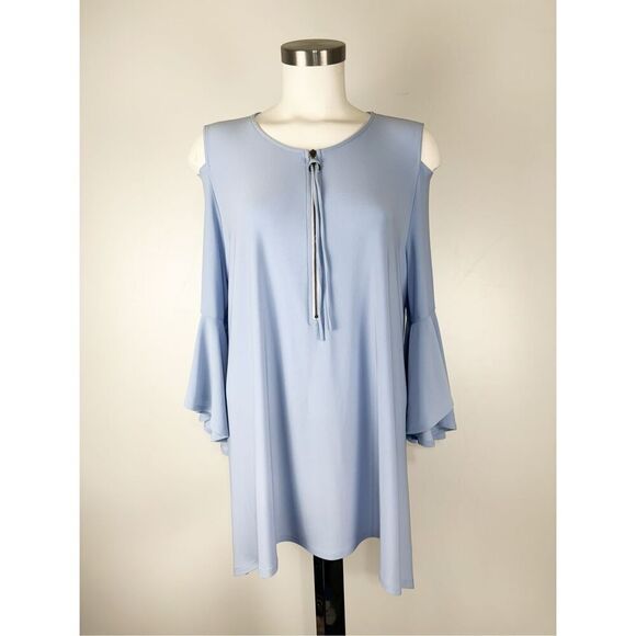IC By Connie K Women's Cold Shoulder Zipper Front Tunic Top Light Blue Large - Picture 1 of 6